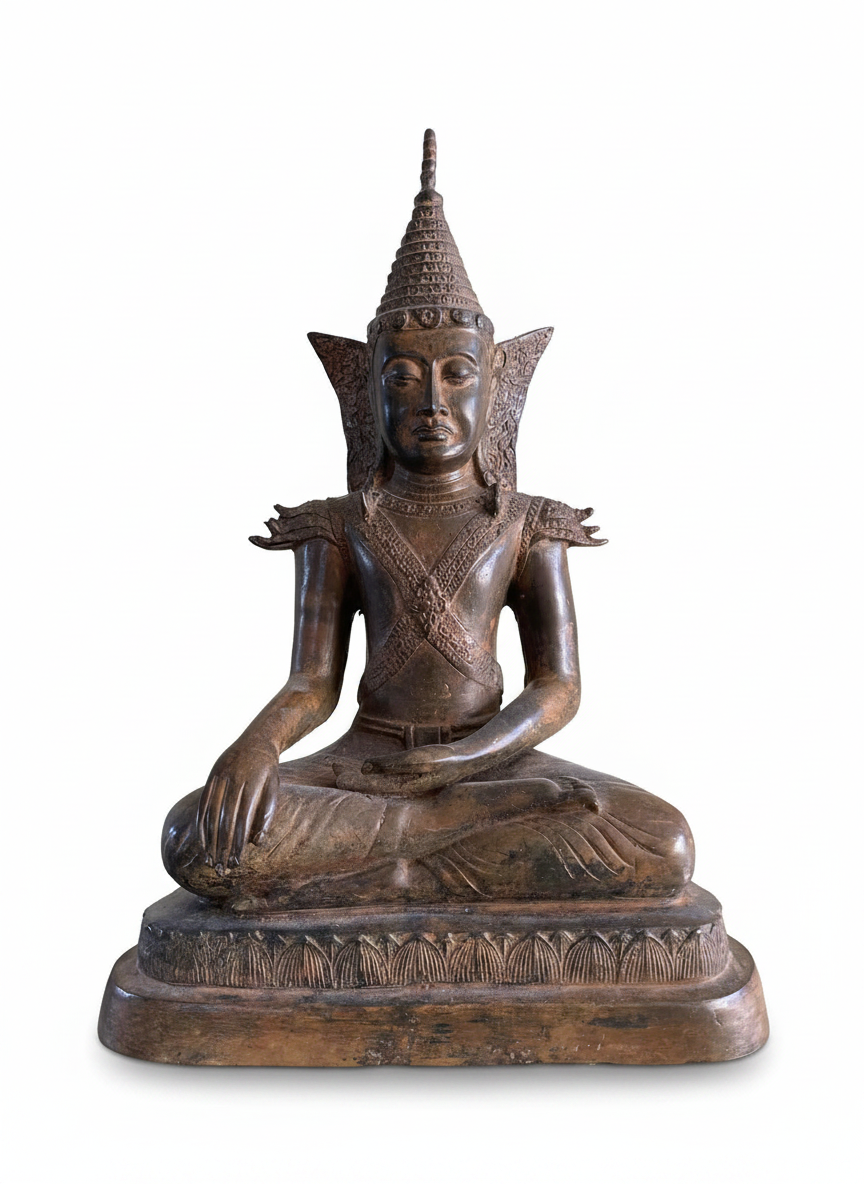 Same Burmese bronze Buddha isolated on a clean white studio backdrop
