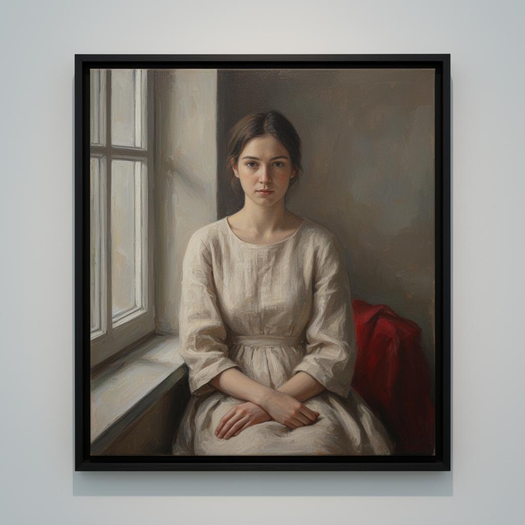 Interior with Seated Figure (The Red Cloth) — Contemporary, signed verso